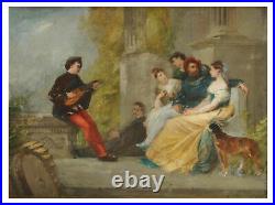 Scène galante au joueur de cithare Ecole française du XIXème Huile sur toile