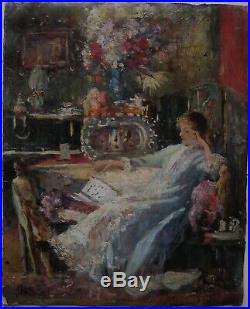 Splendide Jeune femme salon Impressionnisme Filosa Italie Tableau ancien 1900