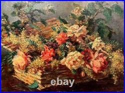 Sublime Grande Huile sur toile Fin XIXe Panier aux fleurs signée THOMAS JEAN