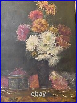 Sublime Huile sur toile Fleurs et boîte à bijoux signée Ombry XIXe