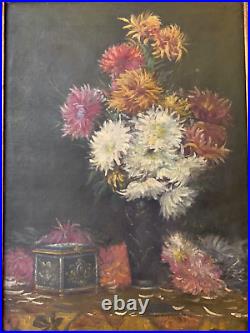 Sublime Huile sur toile Fleurs et boîte à bijoux signée Ombry XIXe
