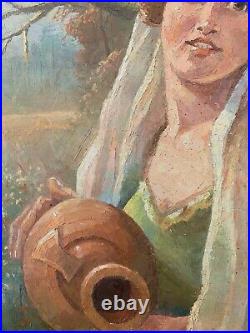 Sublime Portrait Huile sur toile jeune fille à la cruche signée Boussaboune 83