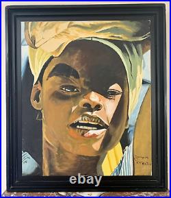 Sublime grande huile sur toile Portrait d'une jeune Haïtienne, signée