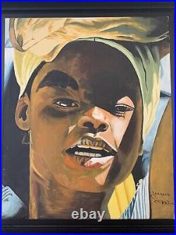 Sublime grande huile sur toile Portrait d'une jeune Haïtienne, signée