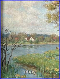 Sunny Landscape Scenariy Boat Trees Nature Sky, Impressionism, Antique Oil Sunny Landscape Scenariy Boat Trees Nature Sky, Impressionism, Antique Oil