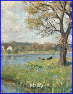 Sunny Landscape Scenariy Boat Trees Nature Sky, Impressionism, Antique Oil Sunny Landscape Scenariy Boat Trees Nature Sky, Impressionism, Antique Oil