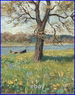 Sunny Landscape Scenariy Boat Trees Nature Sky, Impressionism, Antique Oil Sunny Landscape Scenariy Boat Trees Nature Sky, Impressionism, Antique Oil