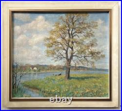Sunny Landscape Scenariy Boat Trees Nature Sky, Impressionism, Antique Oil Sunny Landscape Scenariy Boat Trees Nature Sky, Impressionism, Antique Oil