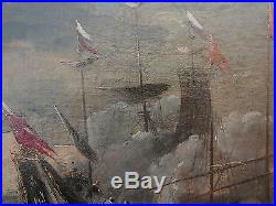 Superbe Tableau Ancien Huile Marine Bataille Navale Bateaux Drapeaux Fin XVIIIe
