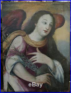 Superbe Tableau Ancien Huile Portrait Archange Ange Ailes XVIIIe à restaurer