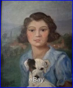 Superbe portrait d'une petite fille et de son chien, Huile sur toile, signée