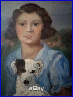 Superbe portrait d'une petite fille et de son chien, Huile sur toile, signée
