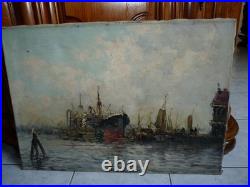 Superbe tableau huile sur toile avec des bateaux au port signé Wim VAN NORDEN