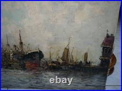 Superbe tableau huile sur toile avec des bateaux au port signé Wim VAN NORDEN