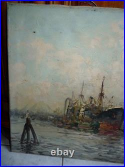 Superbe tableau huile sur toile avec des bateaux au port signé Wim VAN NORDEN