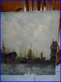 Superbe tableau huile sur toile avec des bateaux au port signé Wim VAN NORDEN