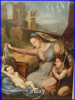 TABLEAU ANCIEN HST XIXe ECOLE ITALIENNE VIERGE A L'ENFANT & JEAN BAPTISTE