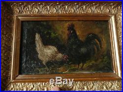 Tableau 19eme huile sur toile coq et poule Ecole Belge signe FATRI