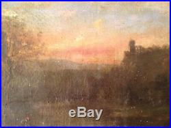 Tableau Ancien BARBIZON XIXe Pêcheur au coucher du soleil Dans le gout COROT