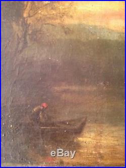 Tableau Ancien BARBIZON XIXe Pêcheur au coucher du soleil Dans le gout COROT