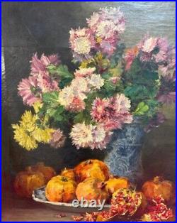 Tableau Ancien Bouquet de Fleurs et Fruits Huile sur toile Nature Morte XIXème