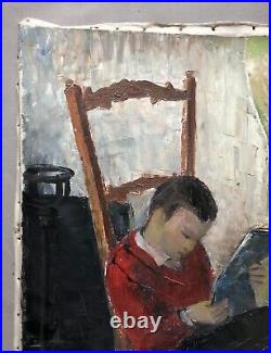 Tableau Ancien, Enfant Lisant, Huile Sur Toile à Restaurer, Peinture, XXe