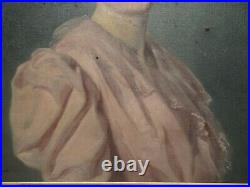 Tableau Ancien HST Portrait jeune femme à la robe rose 19ème signé