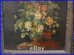 Tableau Ancien Huile Bouquet de Fleurs très garni XIXe Cadre doré à nettoyer