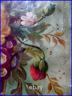 Tableau Ancien Huile Bouquet de fleurs au Papillon goût 17ème