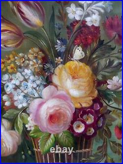 Tableau Ancien Huile Bouquet de fleurs au Papillon goût 17ème
