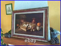 Tableau Ancien Huile Peinture Ecole Francaise Lapin Lievre Fruit Baroque XIX 19