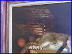 Tableau Ancien Huile Peinture Ecole Francaise Lapin Lievre Fruit Baroque XIX 19