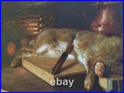 Tableau Ancien Huile Peinture Ecole Francaise Lapin Lievre Fruit Baroque XIX 19