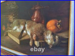 Tableau Ancien Huile Peinture Ecole Francaise Lapin Lievre Fruit Baroque XIX 19