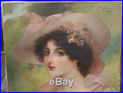 Tableau Ancien Huile Portrait Femme Chapeau Fleurs Signé J. MOUNIER Art Nouveau