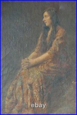 Tableau Ancien Huile Portrait Femme Paysage signé à restaurer 73 x 60 cms