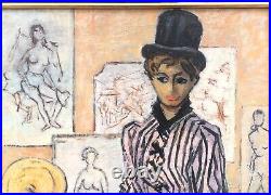 Tableau Ancien Huile Portrait Jeune Femme Eventail Daniel Vacher (1923-2014)