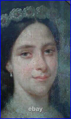 Tableau Ancien Huile portrait jeune fille. 19 eme École Francaise/Old painting