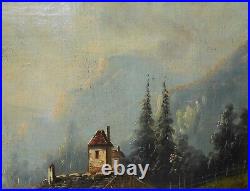 Tableau Ancien Huile sur Toile Peinture Barbizon Paysage Montagne Encadree XIXe