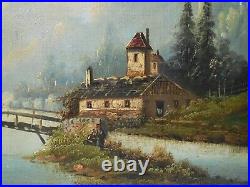 Tableau Ancien Huile sur Toile Peinture Paysage Campagne Cadre en Bois Dore XIXe