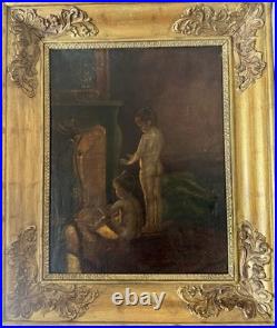 Tableau Ancien Huile sur toile Scène enfants au coin du feu Cadre doré