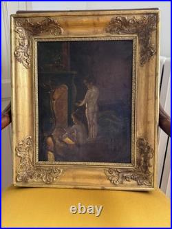 Tableau Ancien Huile sur toile Scène enfants au coin du feu Cadre doré