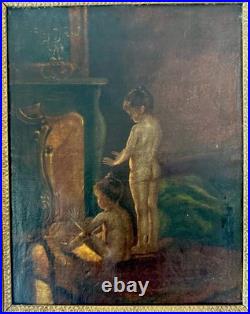 Tableau Ancien Huile sur toile Scène enfants au coin du feu Cadre doré
