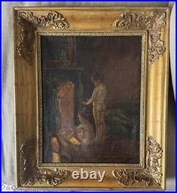 Tableau Ancien Huile sur toile Scène enfants au coin du feu Cadre doré