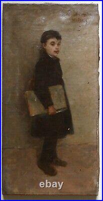 Tableau Ancien Impressionniste 1888 Portrait Enfant Garçon Ecolier 44 x 22 cms