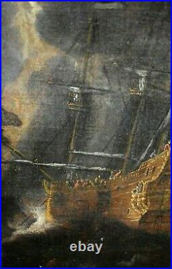 Tableau Ancien Marine Animée île Sarde Navires Peter Van Den Velde (1634-c. 1707)