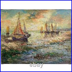Tableau Ancien Marine Signé Virgile Mafonso- Voiliers Au Coucher Du Soleil HST