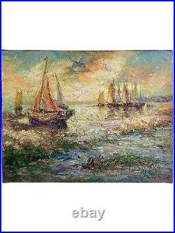 Tableau Ancien Marine Signé Virgile Mafonso- Voiliers Au Coucher Du Soleil HST