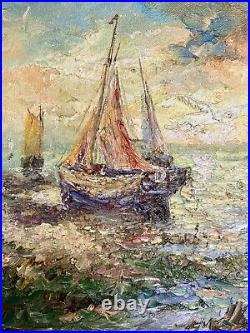 Tableau Ancien Marine Signé Virgile Mafonso- Voiliers Au Coucher Du Soleil HST