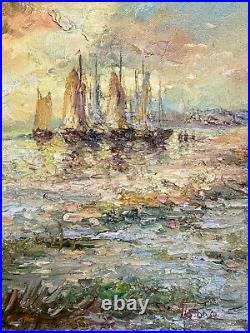Tableau Ancien Marine Signé Virgile Mafonso- Voiliers Au Coucher Du Soleil HST